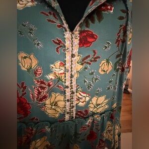 Floral Split-Neck Blouse in Teal with Yellow & Red Accents